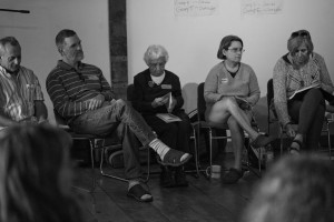 Cindy Sheehan and 4 other panelists at a workshop at the 28th New England Gathering