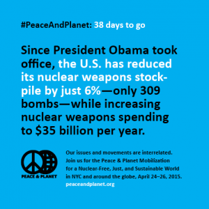 #PeaceAndPlanet: 38 days to go. Since President Obama took office, the U.S. has reduced its nuclear weapons stockpile by just 6%--only 309 bombs--while increasing nuclear weapons spending to $35 billion per year. peaceandplanet.org