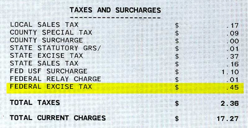 a sample itemized telephone tax bill, showing the line that indicates the amount of “federal excise tax”