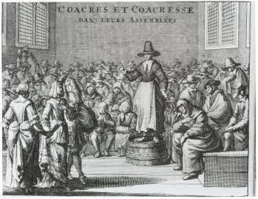 An old illustration showing a Quaker standing on a barrel addressing a crowd