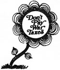 A drawing of a stylized flower surrounding the words “Don't Pay War Taxes”