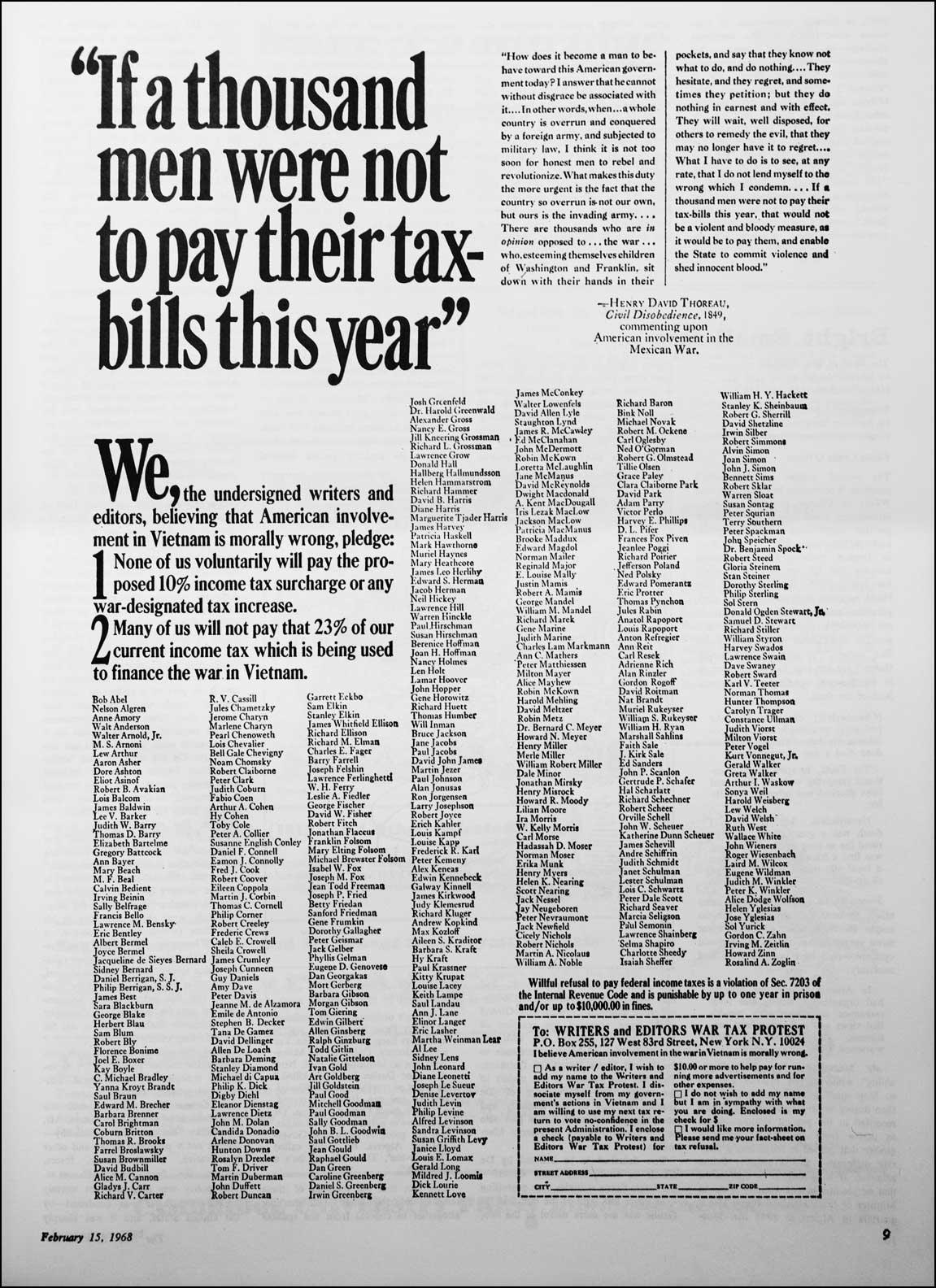 The writer's and editors war tax protest ad featuring hundreds of names and a quote from Thoreau's “Civil Disobedience”