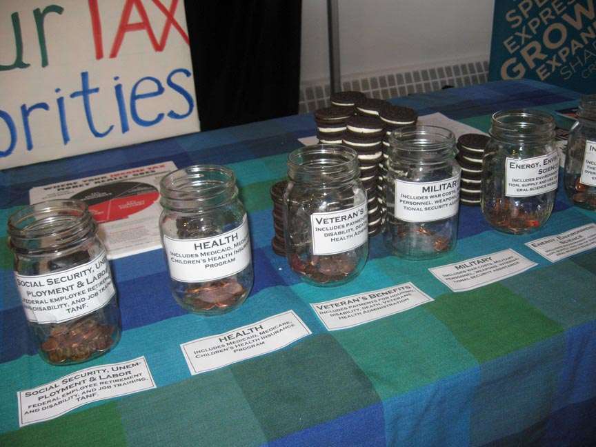 close-up of the labeled fronts of five penny poll jars