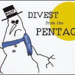 drawing of melting snowman wearing a black hat that says "Melty" and a blue scarf with "Border Free" printed on it. Text: DIVE$T from the PENTAGON over a simple yellow sun.