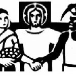 Catholic Worker logo in a woodcut black-and-white art style. Showing a cross behind Jesus in the center, with a light-skinned woman on the left holding a basket and carrying a baby on her back, and a dark-skinned man on the right holding a pickaxe.