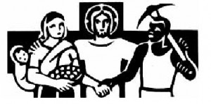 Catholic Worker logo in a woodcut black-and-white art style. Showing a cross behind Jesus in the center, with a light-skinned woman on the left holding a basket and carrying a baby on her back, and a dark-skinned man on the right holding a pickaxe.