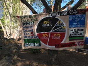 a large banner depicting the 2016 federal budget as a pie chart from the New South Network of War Resisters
