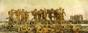 the painting "Gassed", showing a row of soldiers holding onto each other behind a pile of bodies