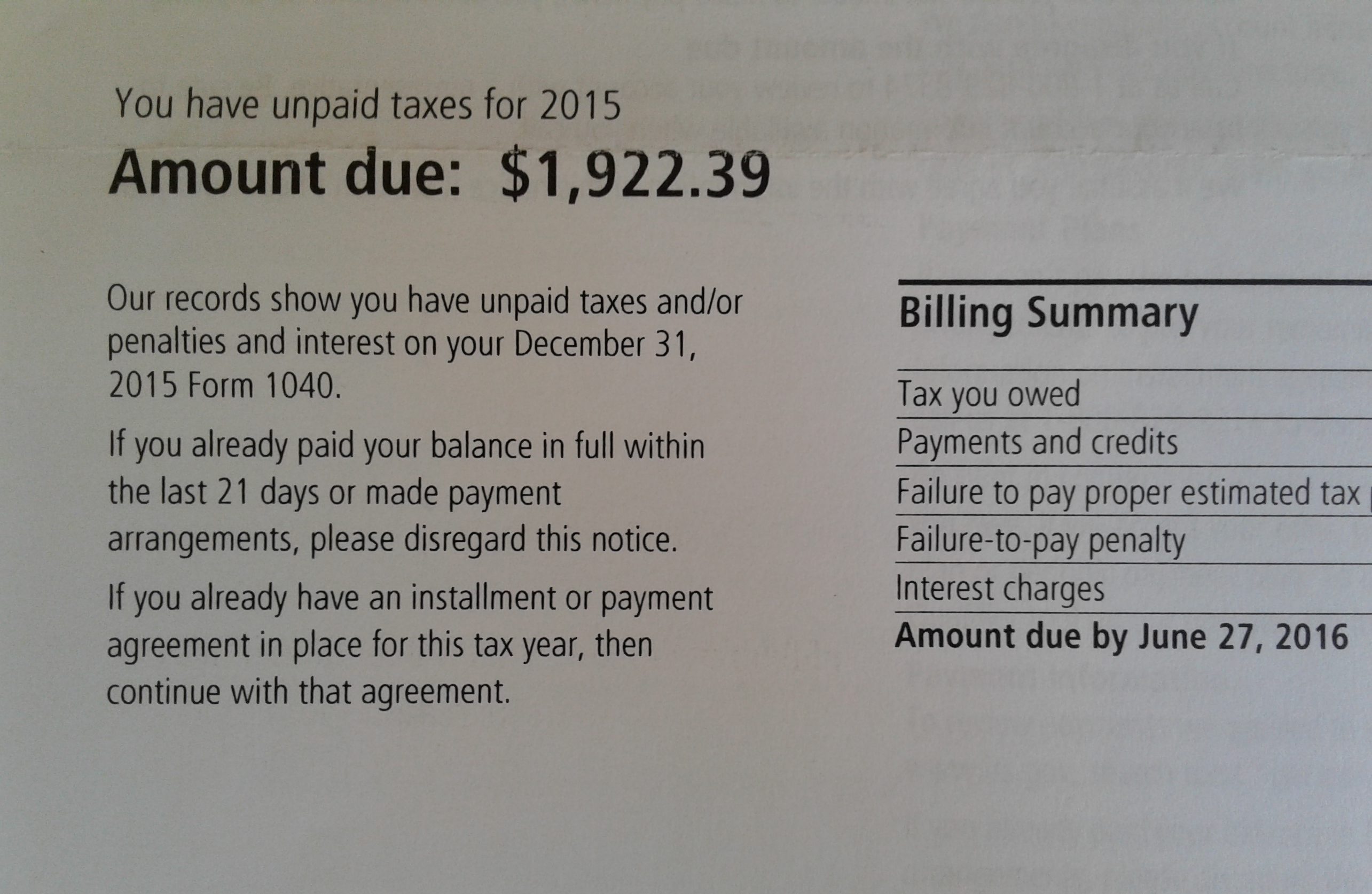 image of IRS letter with heading "You have unpaid taxes for 2015 - Amount due: $1,922.39"