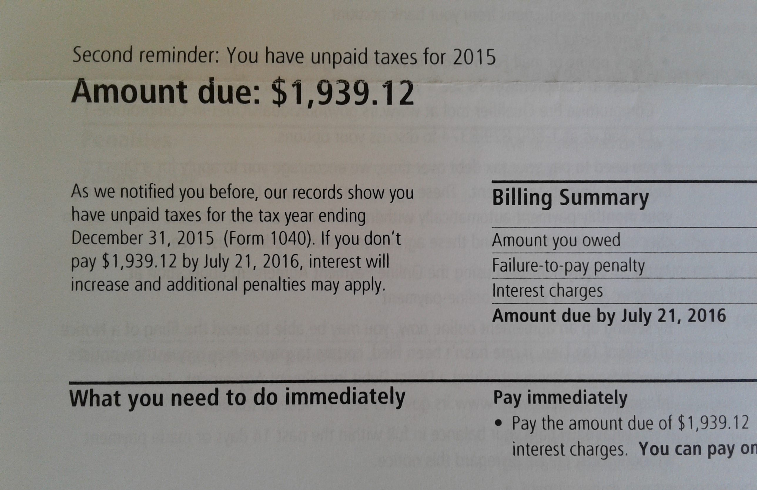 image of IRS letter with heading "Second reminder: You have unpaid taxes for 2015 - Amount due: $1,939.12"