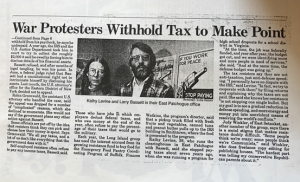 image of newspaper article with headline "War Protesters Withhold Tax to Make Point," showing Kathy Levine and Larry Bassett next to the NWTRCC logo