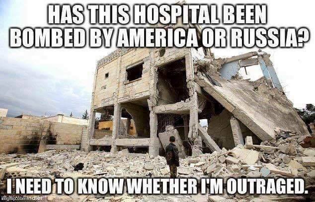 A bombed-out building with walls falling or fallen down with the words printed over the top: "Has this hospital been bombed by America or Russia? I need to know whether I'm outraged."