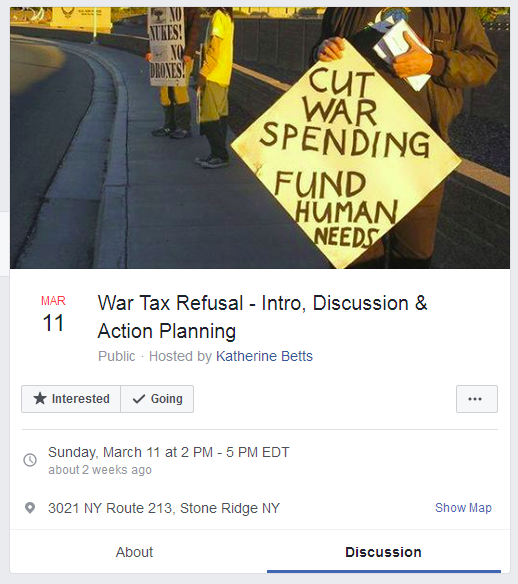 screenshot of Facebook event for War Tax Refusal - Intro, Discussion & Action Planning