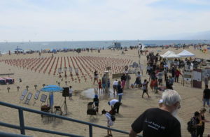 rows and rows of crosses and the Santa Monica beach in the distance - the Arlington West memorial to veteran and civilian deaths in war. Photo by Ruth Benn, May 6, 2018.
