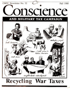 cover of Conscience newsletter with issue title Recycling War Taxes and illustrations showing different way to redirect war taxes