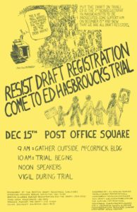 poster about a December 15, 1982 vigil and rally for Ed Hasbrouck at his trial for resisting draft registration
