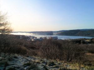 view of Gare Loch and the hills around HMNB Clyde, site of Trident nuclear submarines and the Faslane Peace Camp