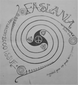 the cover of Faslane Peace Camp's 2000 publication, Faslania, featuring a spiral black and white design with Celtic designs and a peace sign in the middle