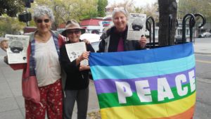 3 people holding a peace banner and WRL pie chart