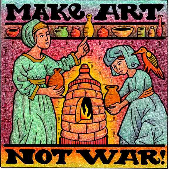 Two people surrounding an oven with the words 'Make Art Not War'