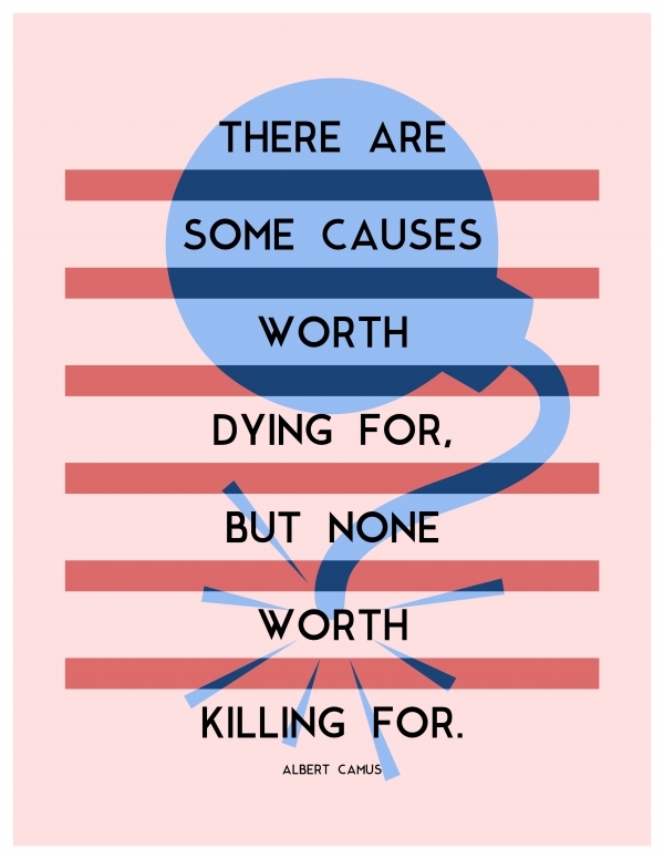 light pink background with 6 darker pink horizontal lines with a blue image of a bomb in background with a quote of Albert Camus