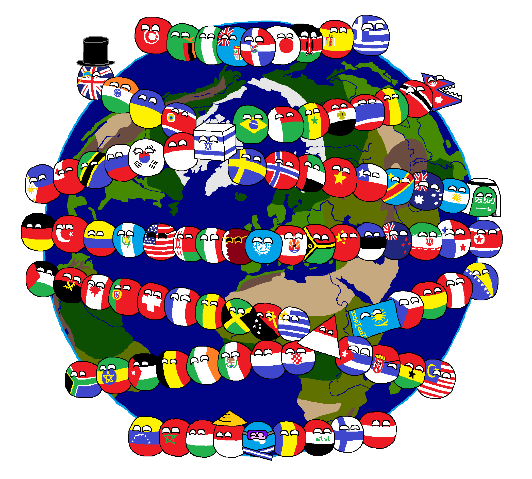 small balls covered in flags wrapping around image of the world