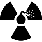 black and white image of nuclear warning (three partial triangles in a circle formation) with circular lit bomb in the middle