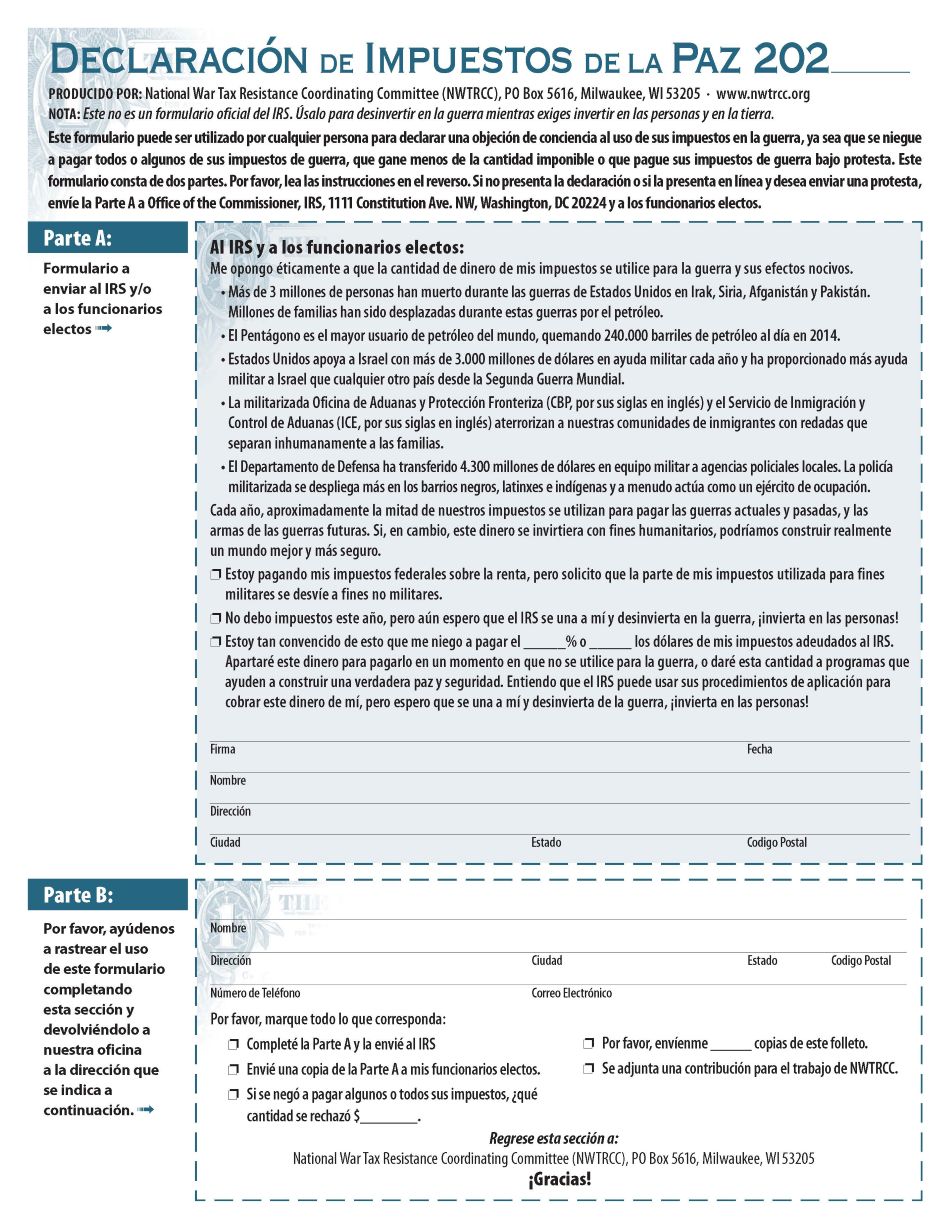 Picture of Peace Tax Return in Spanish