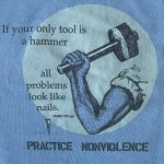 blue background with grey circle wih an arm holding a hammer with the quote 'If your only tool is a hammer all problems look like nails'