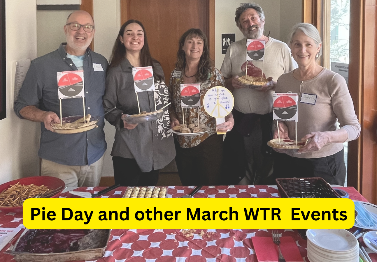 Link to March Events. Photo of people holding pies and federal budget pie charts from the War 